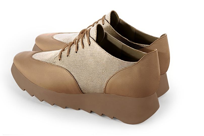 Camel beige women's casual lace-up shoes. Square toe. Low rubber soles. Rear view - Florence KOOIJMAN